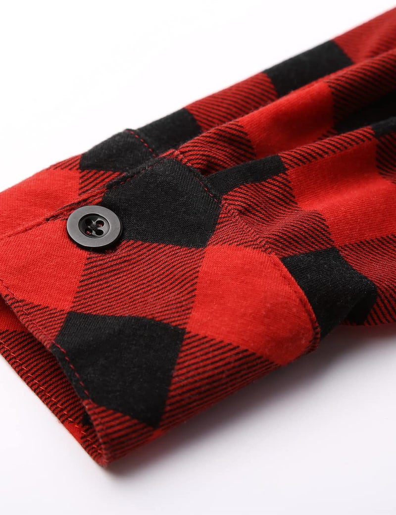 DJT Womens Soft Stretchy Knit Plaid Shirts Roll Up Long Sleeve Collared Button Down Blouses Tops Large Red Plaid - Image 5